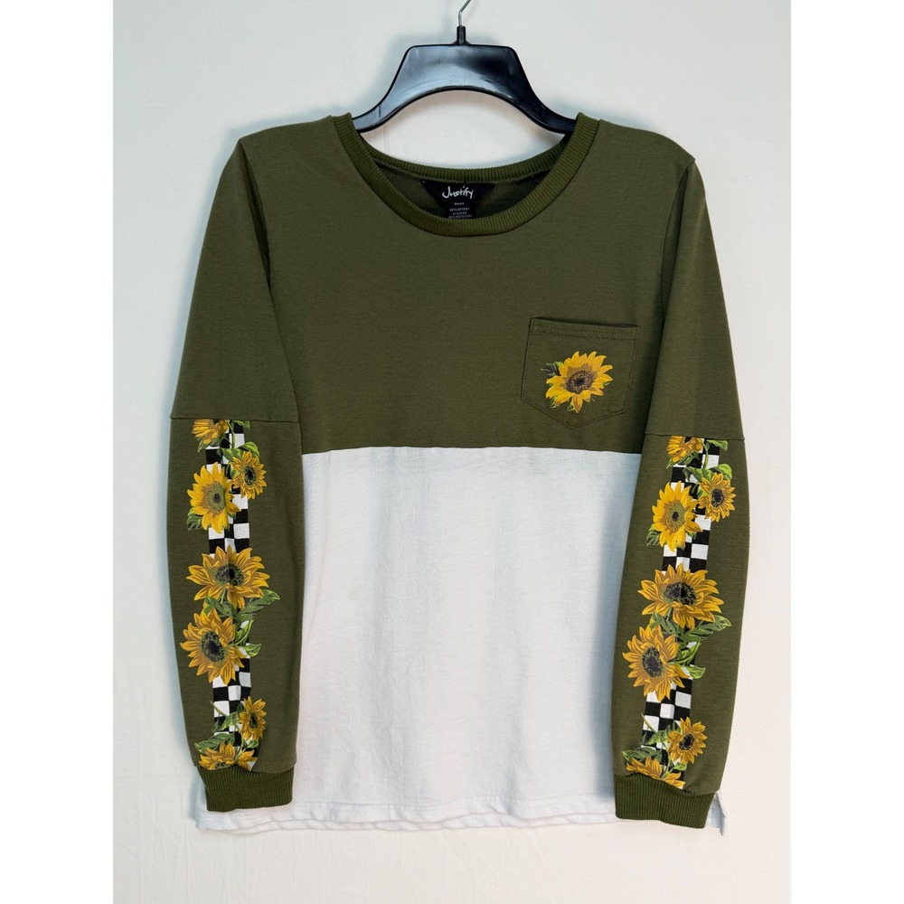 Justify Women Cotton Blend Sweatshirt Size M Green White Sunflower Colorblock